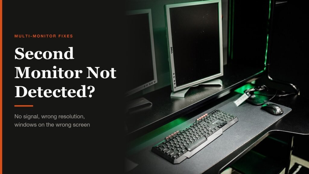 Second Monitor Not Detected headline beside a dual monitor gaming desk