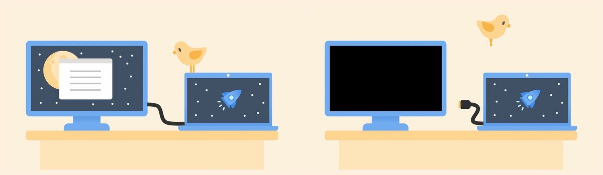 Illustration of a laptop connected to a monitor showing a window, then the monitor unplugged and dark