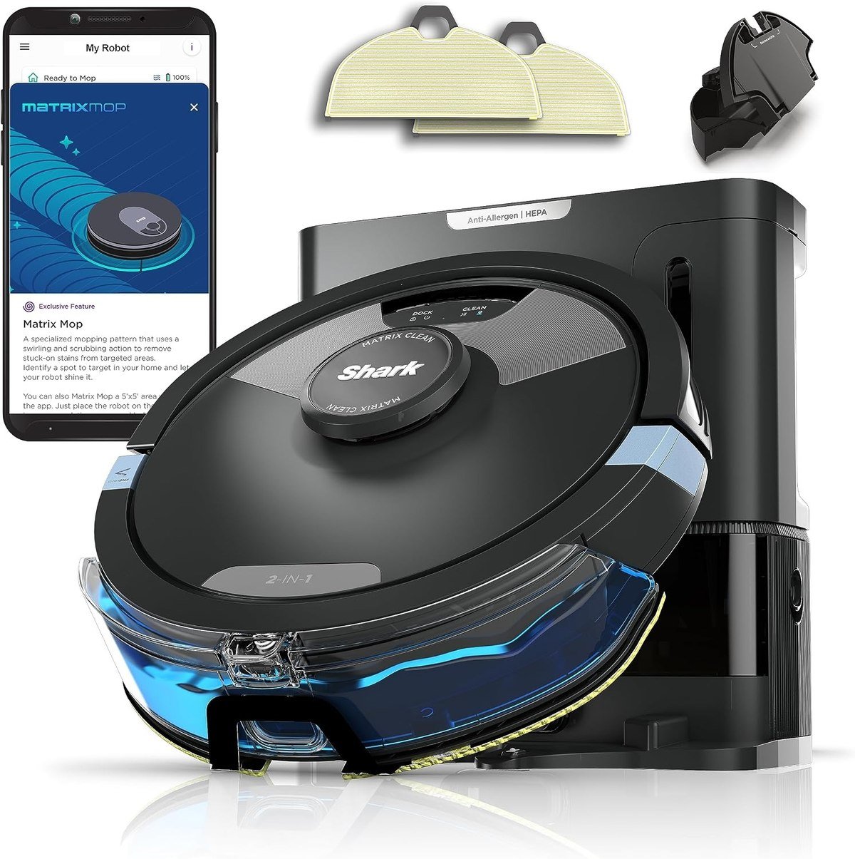 Shark Matrix Plus 2-in-1 robot vacuum and mop RV2610WA with its base