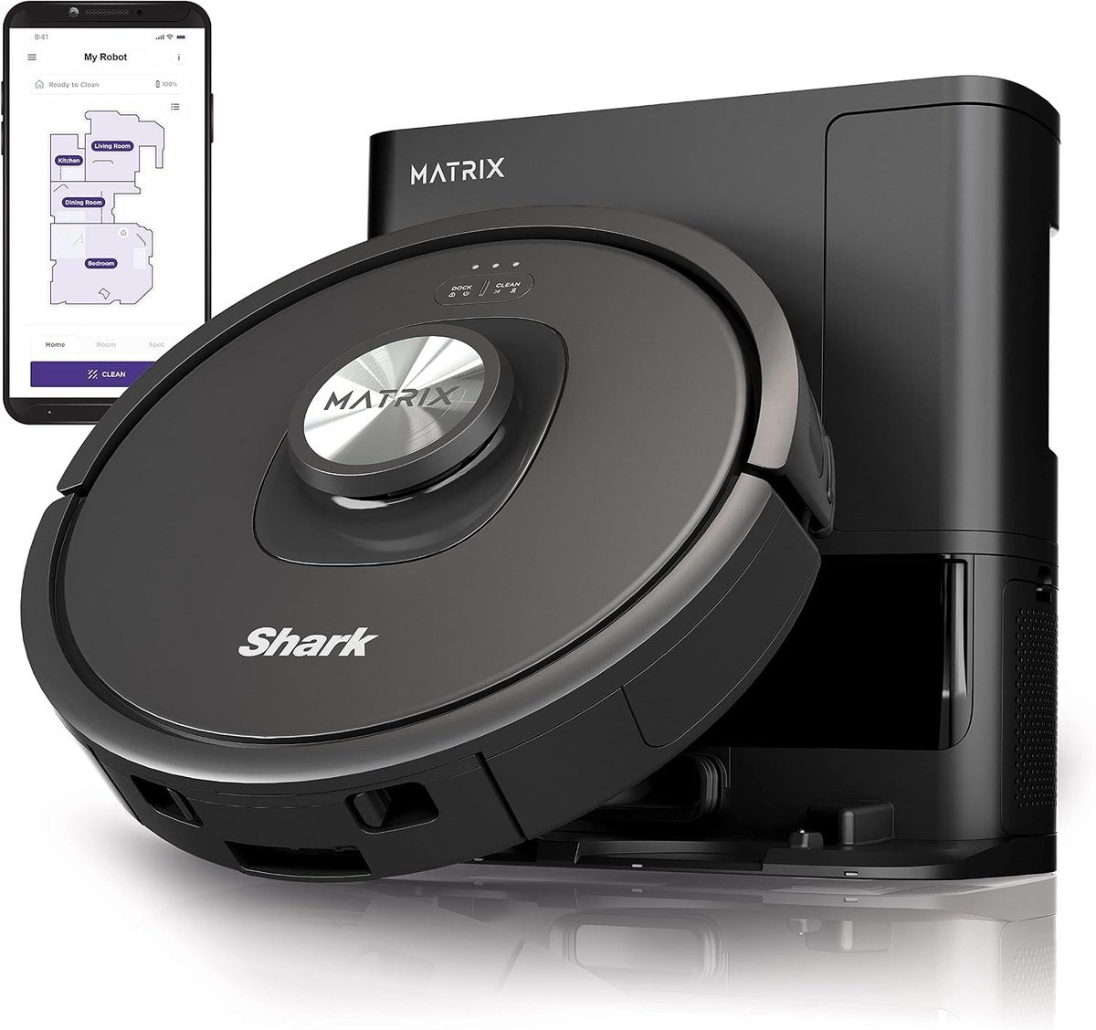 Shark Matrix self-emptying robot vacuum RV2310AE with its base