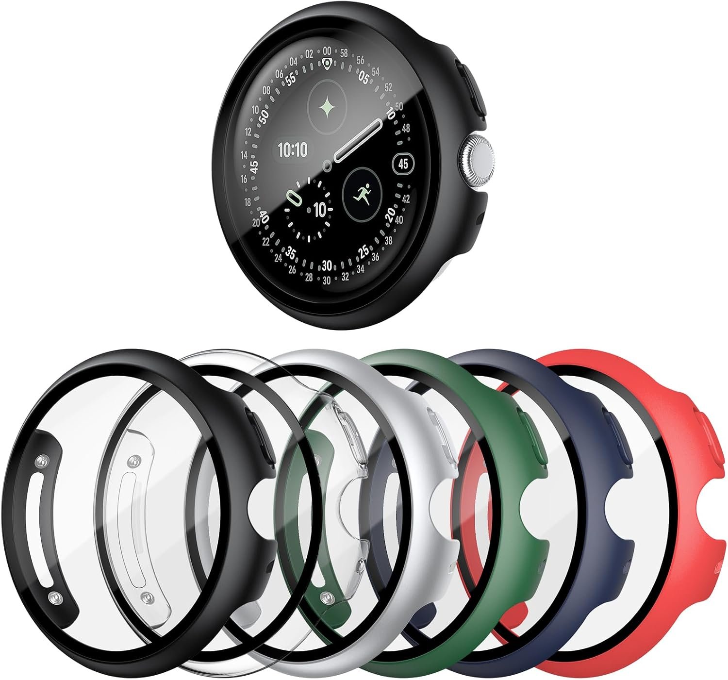 shenou six-pack of hard PC cases with tempered glass for the 45mm Google Pixel Watch 4