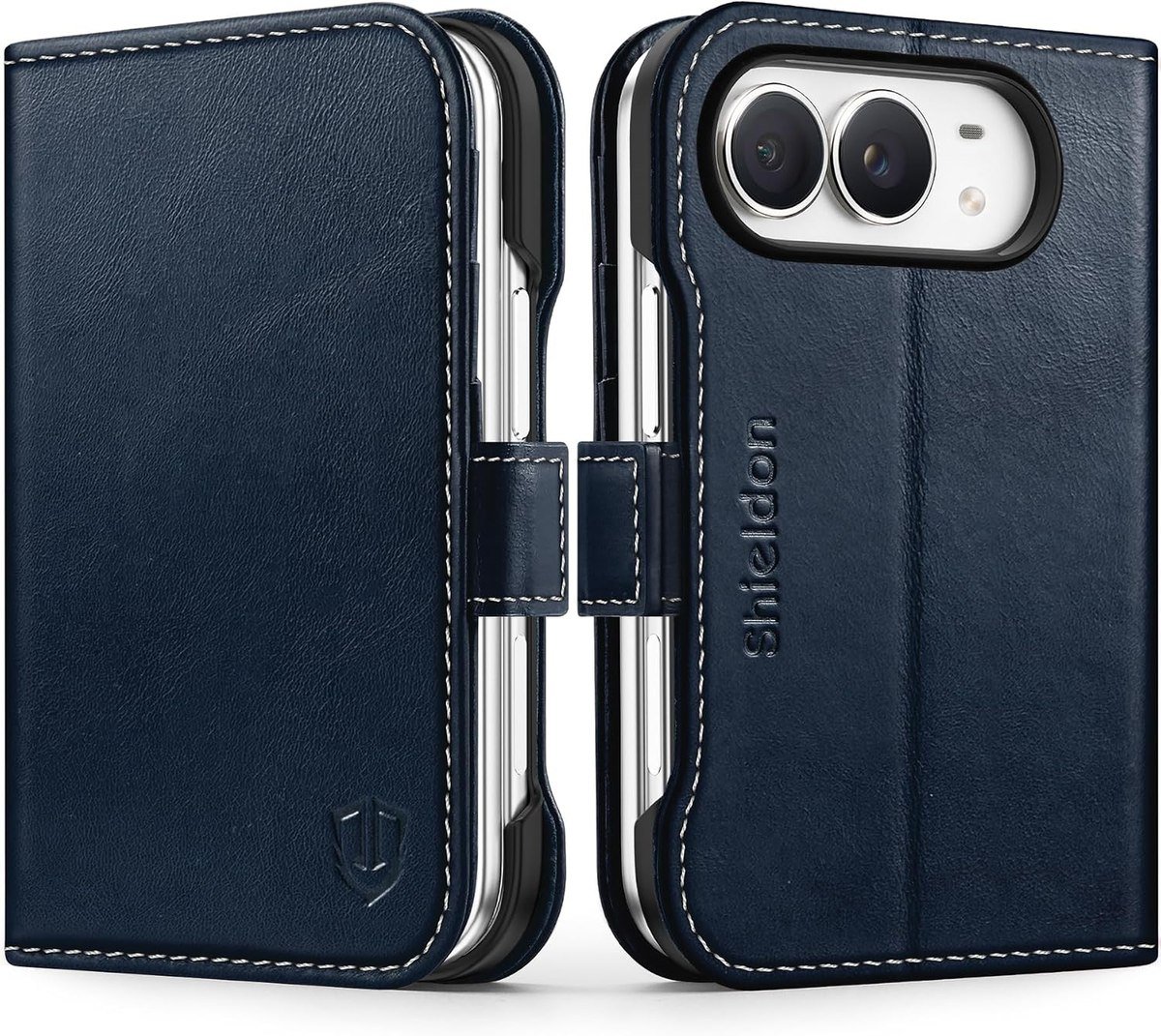 SHIELDON leather wallet case for iPhone Duo in retro dark blue