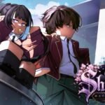Two Shigaku students in school uniform outside the campus building