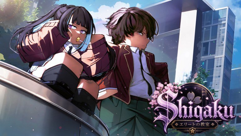 Two Shigaku students in school uniform outside the campus building