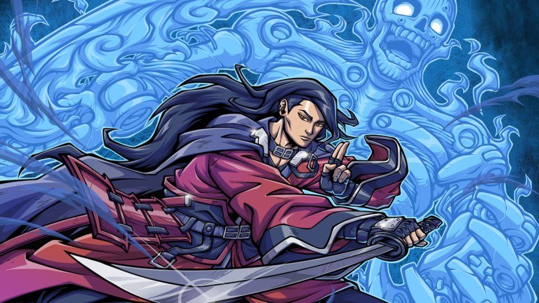 Shindo Life artwork of a long-haired swordsman in a red coat in front of a giant blue spirit warrior