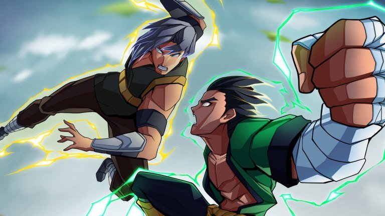 Shindo Life artwork of two fighters trading punches in a burst of green lightning