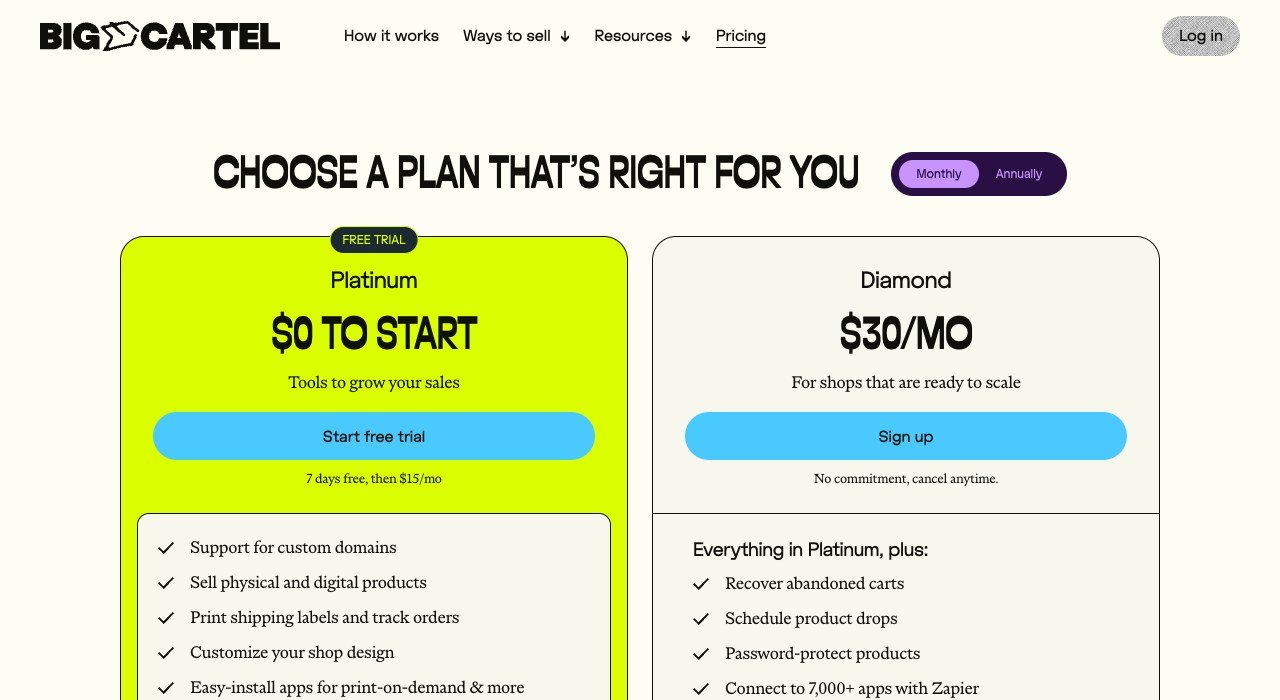 Big Cartel pricing page showing the Platinum and Diamond plans