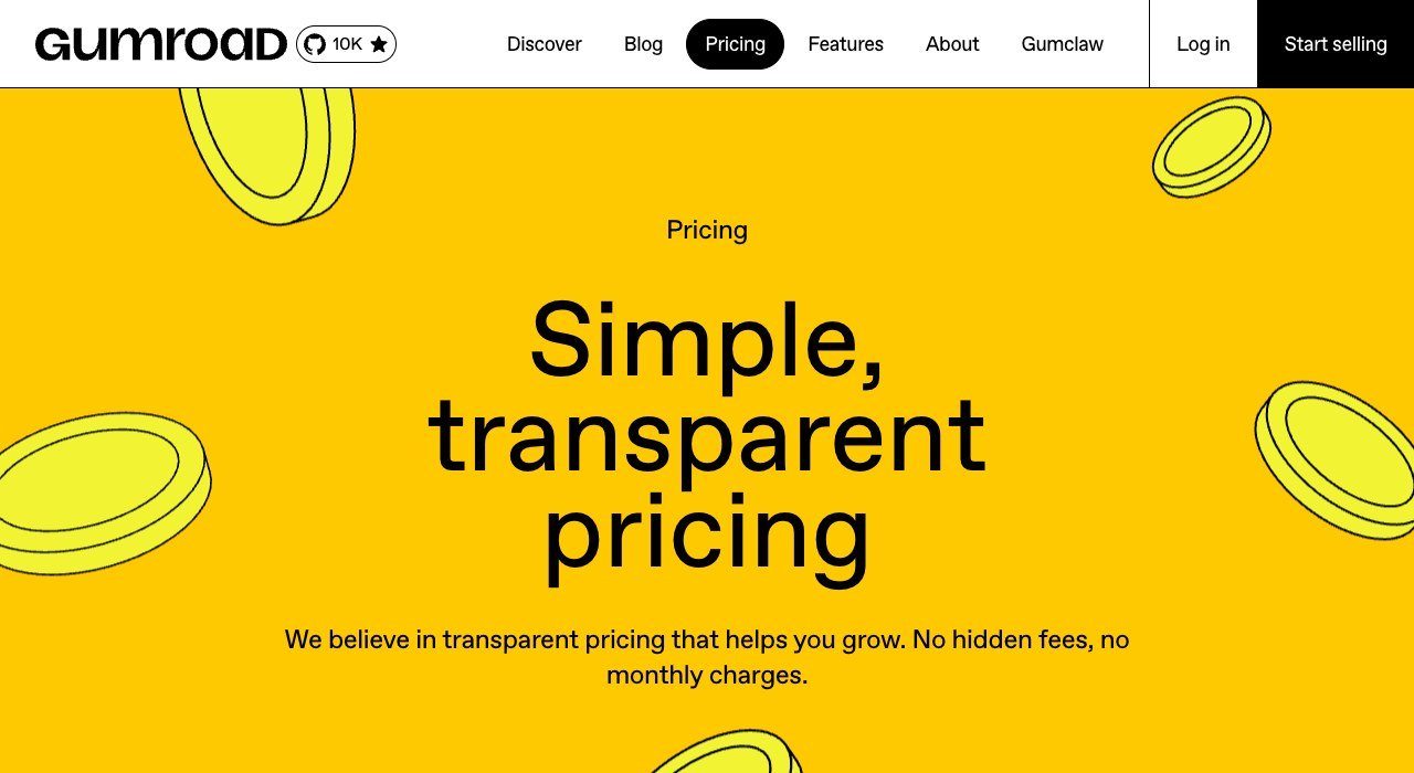 Gumroad pricing page showing a ten percent plus fifty cent per transaction rate
