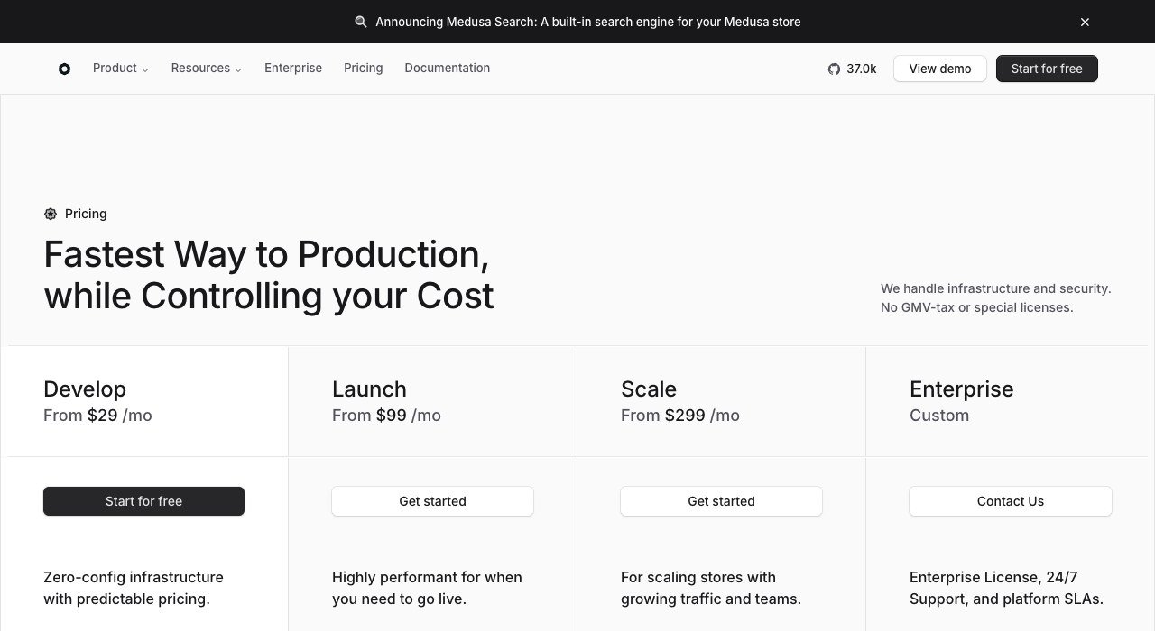 Medusa pricing page showing the Develop, Launch, Scale and Enterprise plans