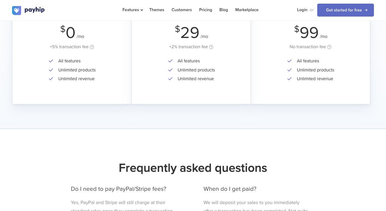 Payhip pricing page showing the Free, Plus and Pro plans with their transaction fees