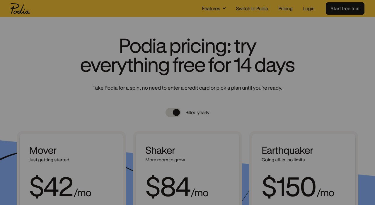 Podia pricing page showing the Mover, Shaker and Earthquaker plans