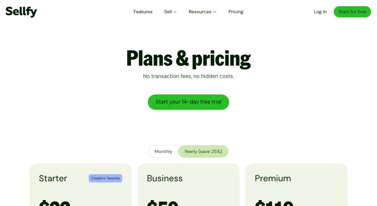 Sellfy pricing page showing the Starter, Business and Premium plans