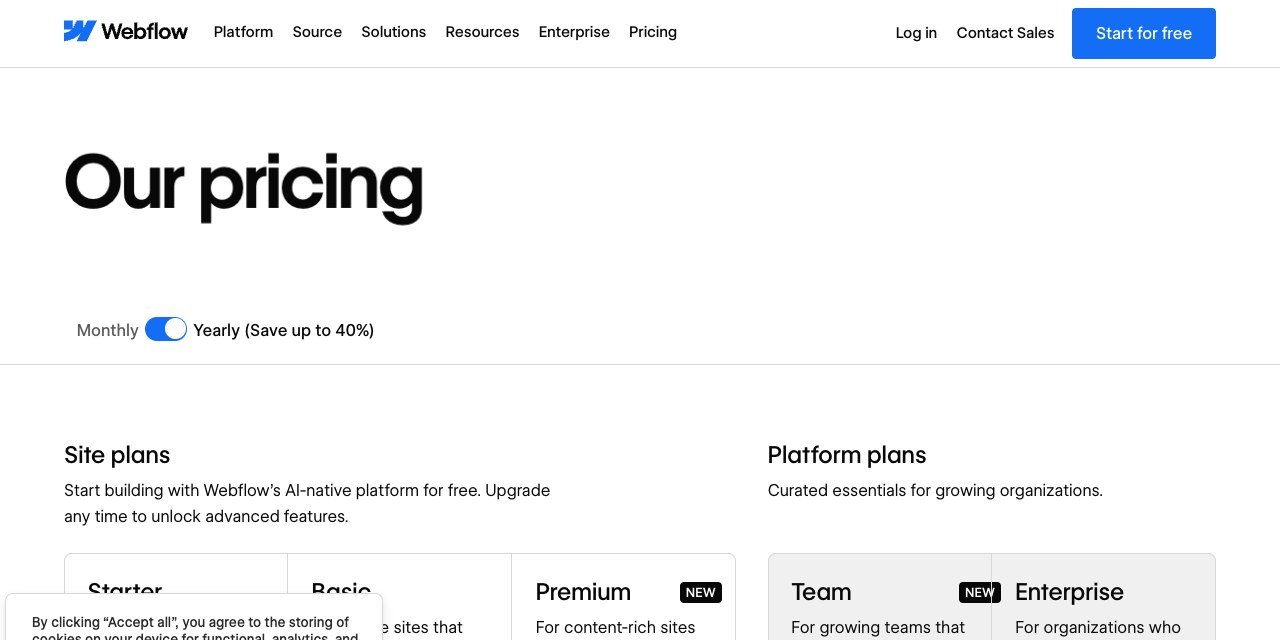 Webflow pricing page showing the site plans and the platform plans