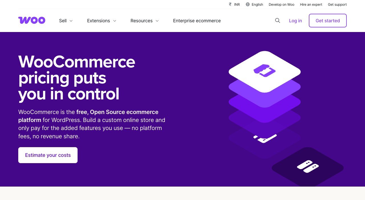 WooCommerce pricing page explaining the zero platform fee and hosting costs