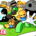 Slap Battles cast of Roblox characters swinging oversized white gloves on a green island