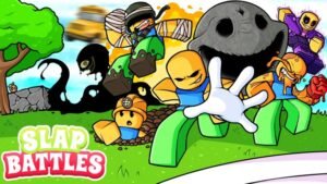 Slap Battles cast of Roblox characters swinging oversized white gloves on a green island