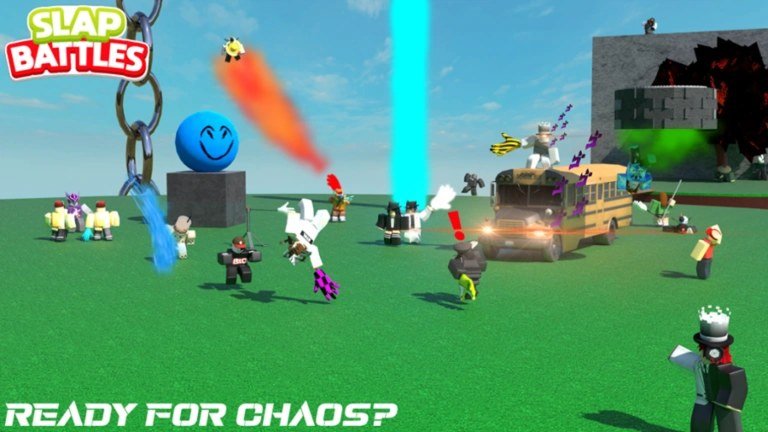 Chaotic Slap Battles arena with players, a school bus and a giant blue ball on Roblox