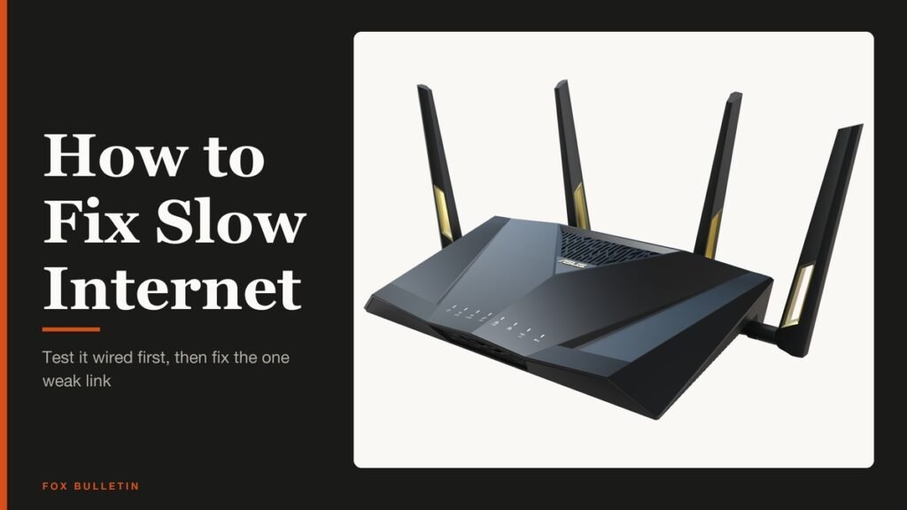 Slow Internet headline beside a wired and wireless speed result comparison