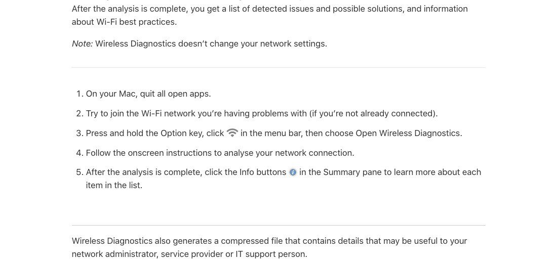 Apple Mac User Guide steps for opening Wireless Diagnostics with the Option key and the Wi-Fi menu