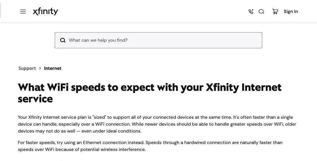 Xfinity support page titled What WiFi speeds to expect, saying a hardwired connection is faster than WiFi