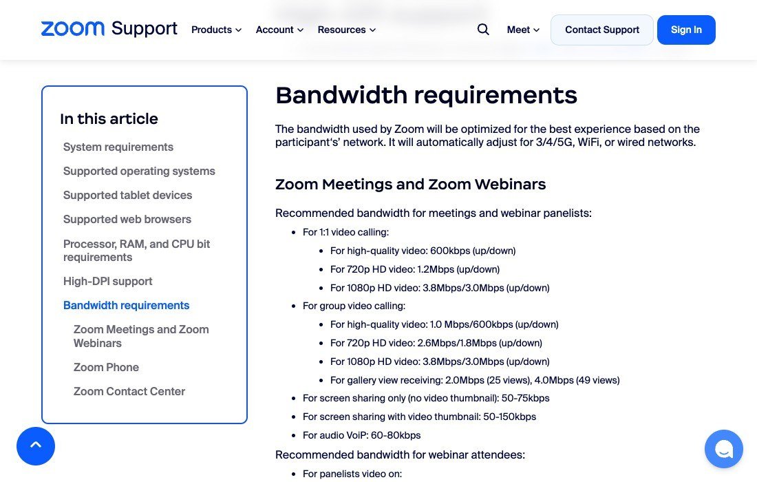 Zoom bandwidth requirements listing 600 kbps to 3.8 Mbps for 1:1 and group video calls