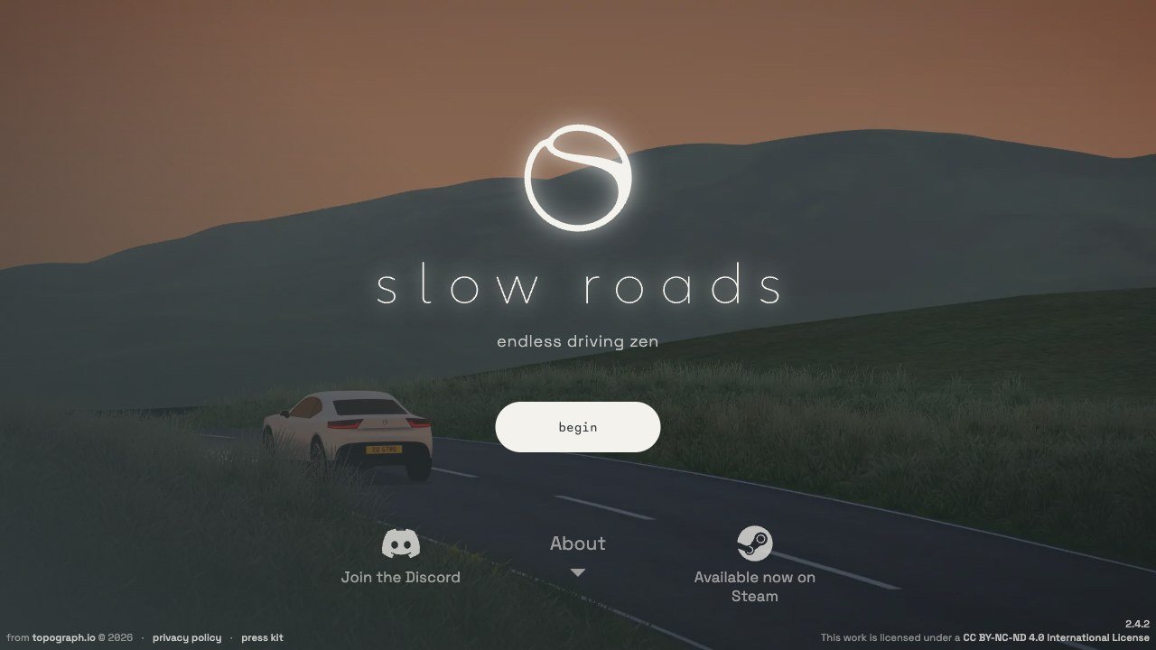 Slow Roads title screen showing a white car on a country road at dusk