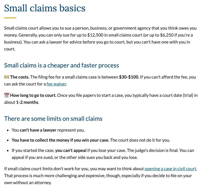 California Courts self-help page listing the $12,500 individual and $6,250 business limits, the $30 to $100 filing fee, and the no-lawyer rule
