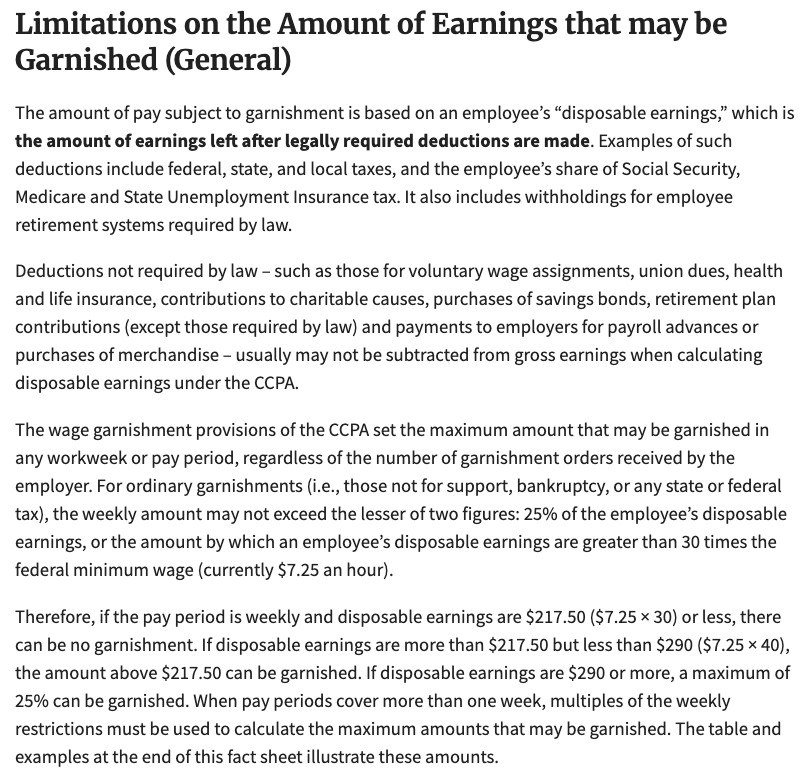Department of Labor fact sheet explaining the 25% of disposable earnings cap on wage garnishment