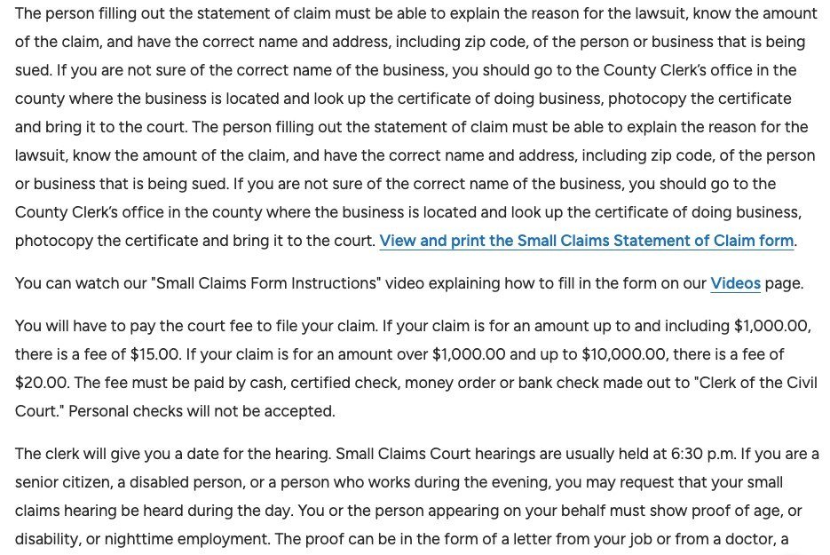 New York City Small Claims Court instructions showing the $15 and $20 filing fees and 6:30 p.m. evening hearings
