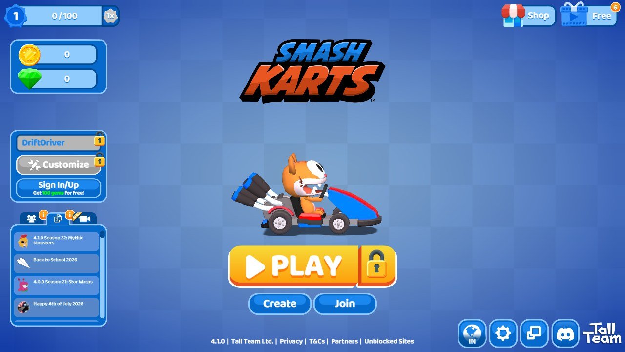 Smash Karts main menu with a cartoon fox driving a kart