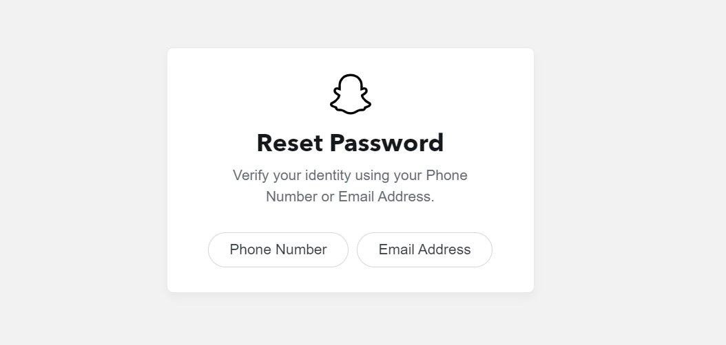 The Snapchat Reset Password page offering phone number or email verification