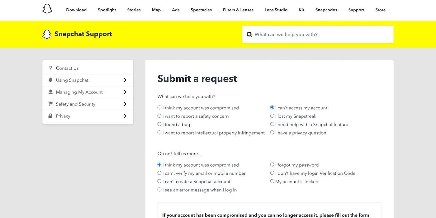 The Snapchat support request form with the account access options selected
