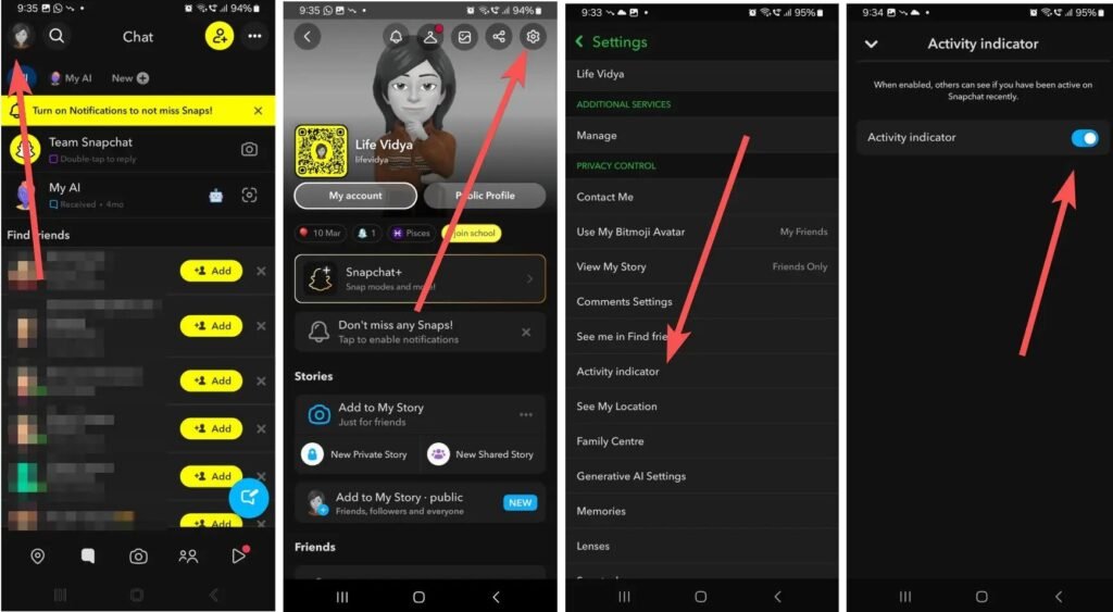 Snapchat settings showing the Activity indicator entry and its toggle switched on
