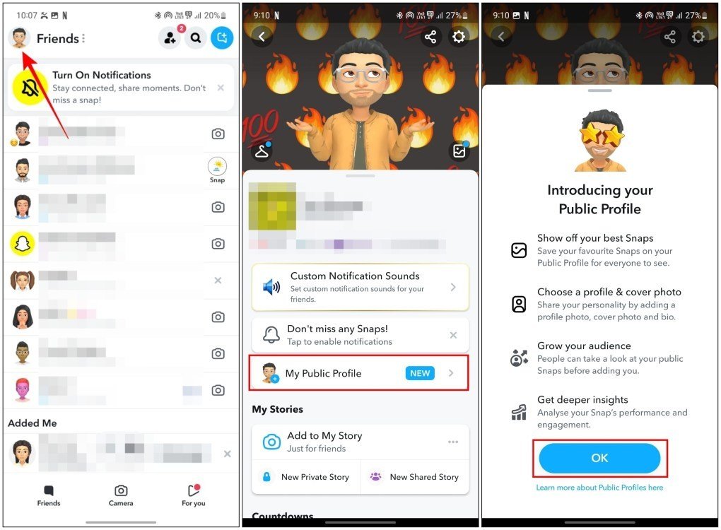 Snapchat profile menu with My Public Profile and the Introducing your Public Profile screen