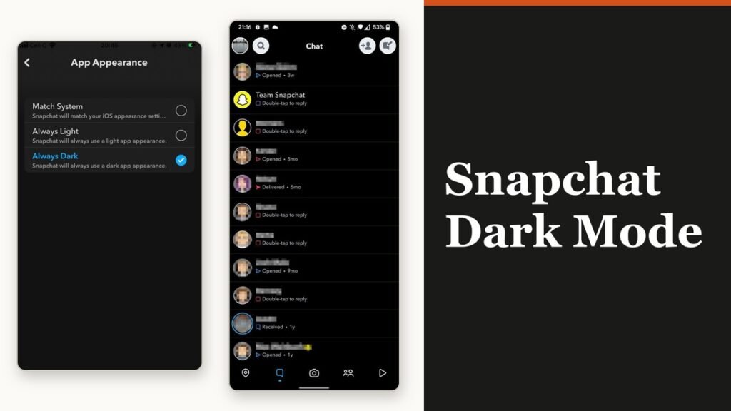 The Snapchat App Appearance screen with the dark option selected