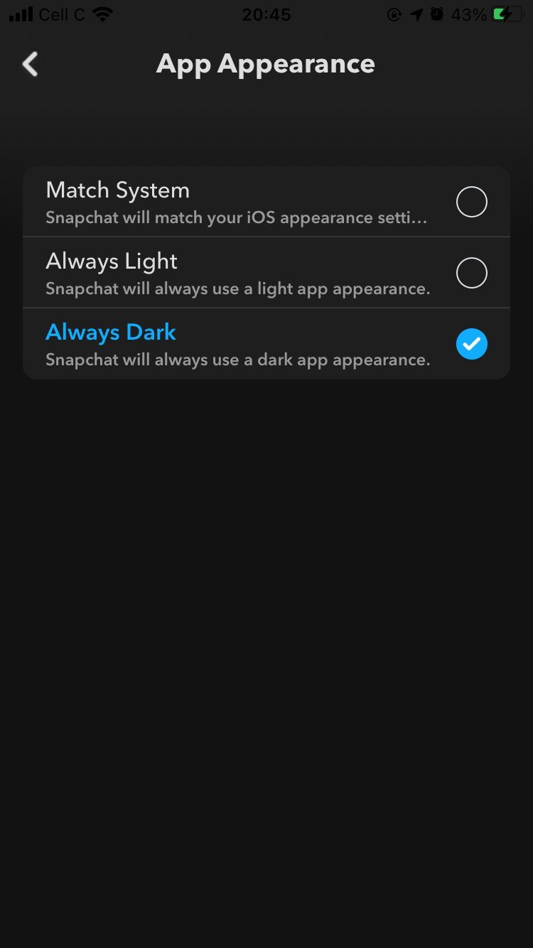 The Snapchat App Appearance screen in dark mode with the dark option selected