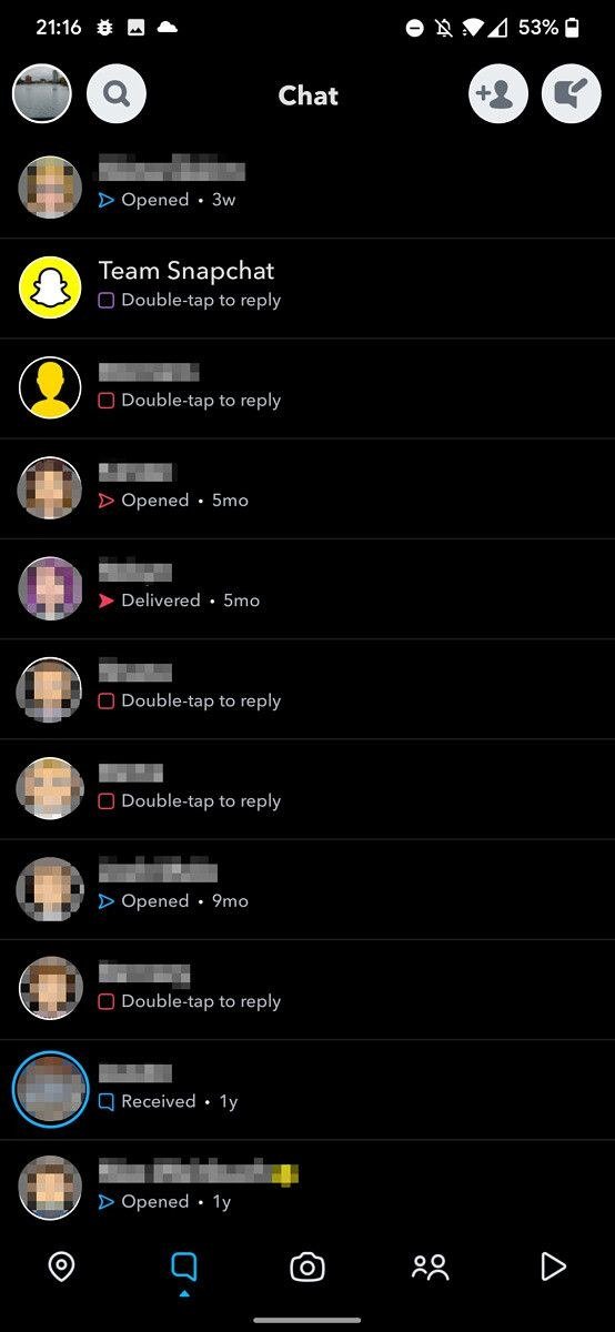 The Snapchat chat list rendered in dark mode on an Android phone