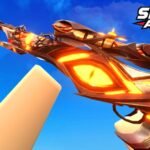 A first person view of an orange and gold flame themed sniper rifle beneath the Sniper Arena logo