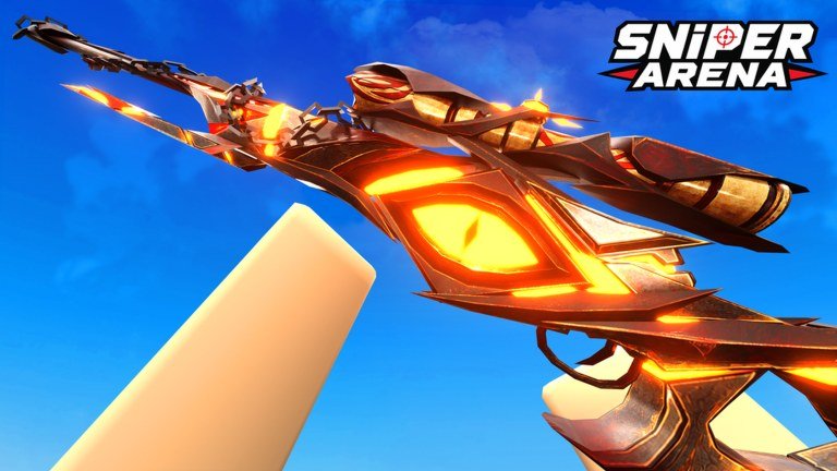 A first person view of an orange and gold flame themed sniper rifle beneath the Sniper Arena logo