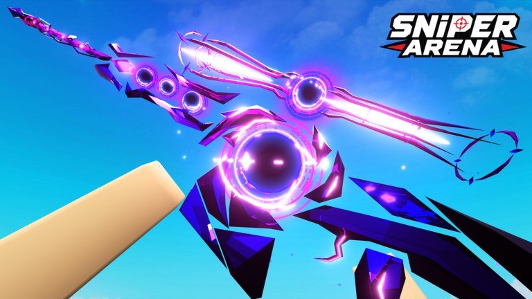 A first person view of a purple and black void themed sniper rifle beneath the Sniper Arena logo
