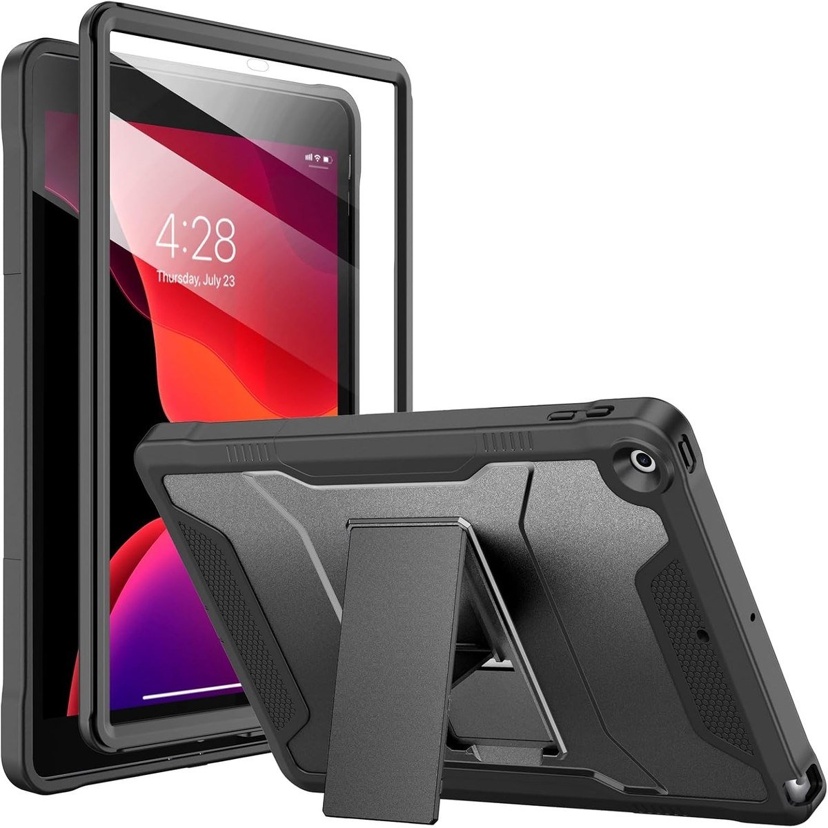 Soke rugged armor case for the 10.2-inch iPad with a built-in screen protector and pop-out kickstand