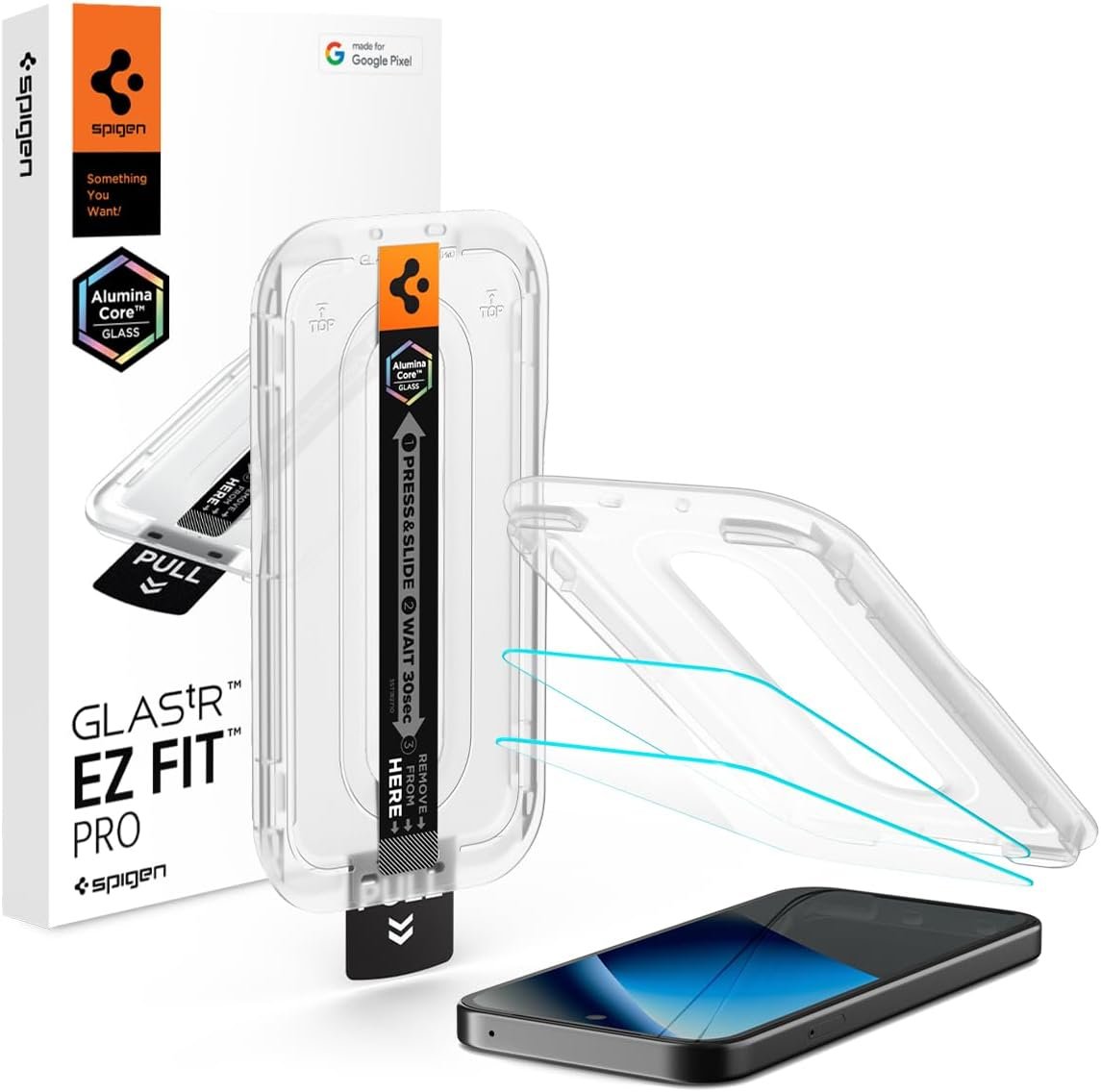 Spigen GlasTR EZ FIT screen protector for Google Pixel 10a with the alignment tray