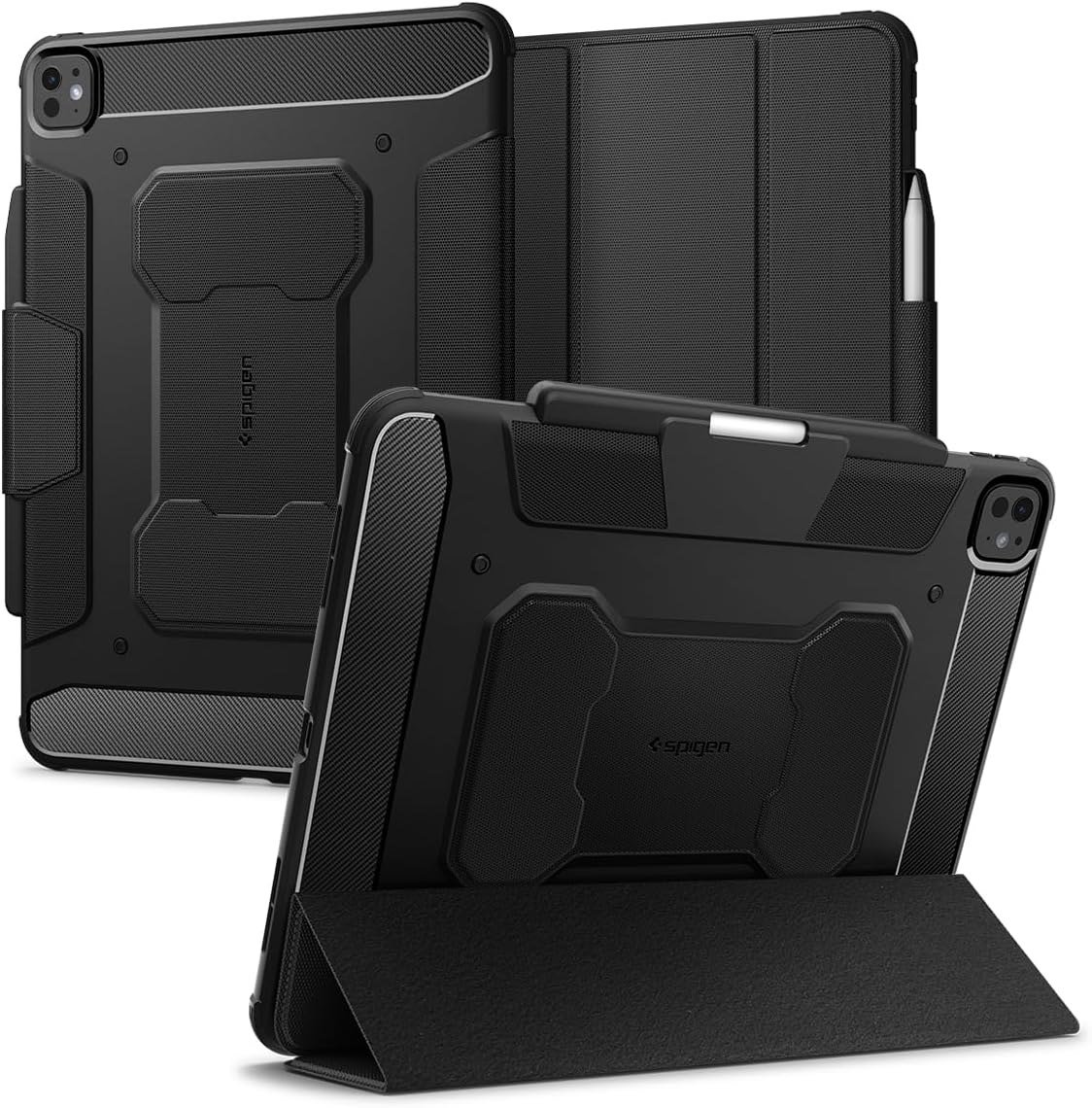Spigen Rugged Armor Pro tri-fold case for the 13-inch iPad Pro in matte black with a pencil holder