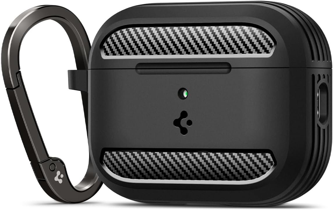 Spigen Rugged Armor case for AirPods Pro 3 in matte black with carbon fibre detailing and a carabiner