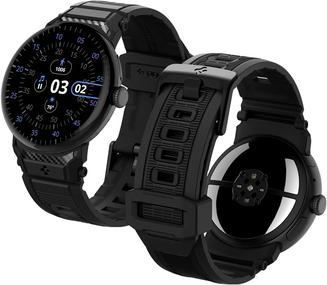 Spigen Rugged Band for Google Pixel Watch 5 in black with carbon fibre detailing