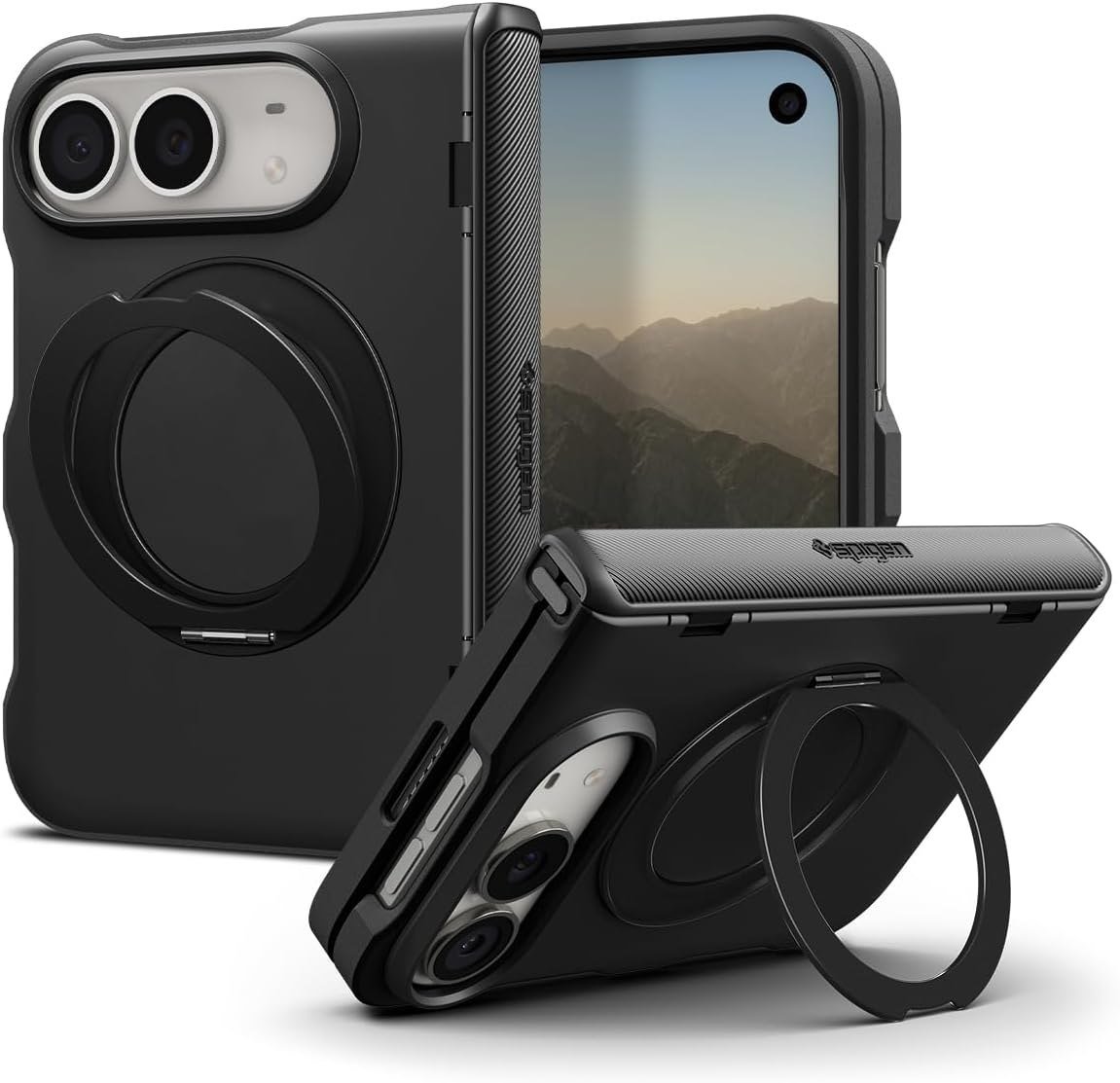 Spigen Slim Armor Pro S MagFit case on iPhone Duo in black, stand open