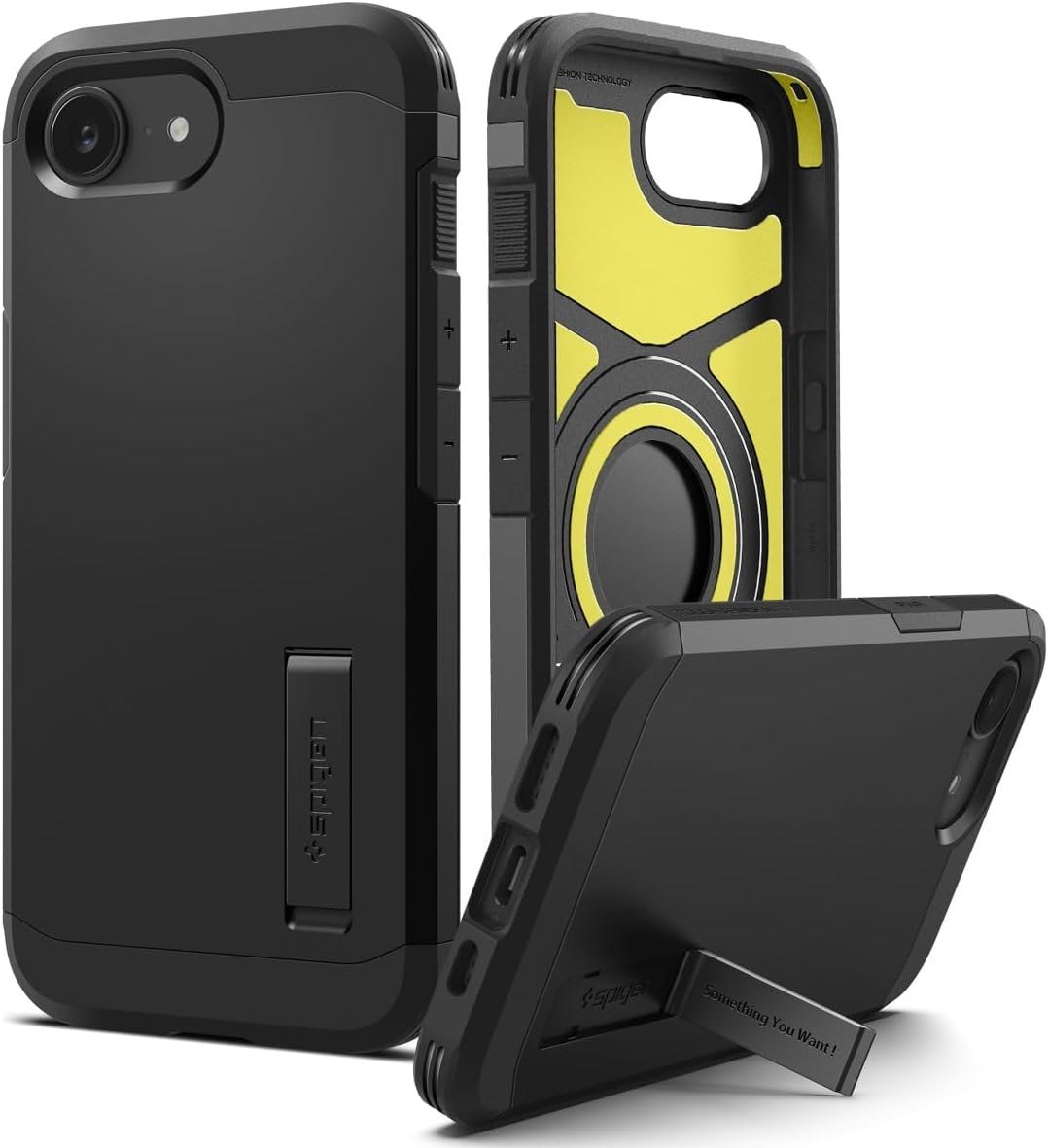 Spigen Tough Armor MagFit in black with kickstand open and yellow foam inside