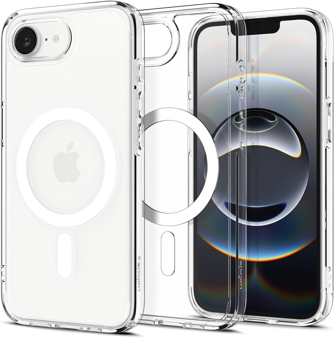 Spigen Ultra Hybrid MagFit clear case with a white magnet ring, front and back