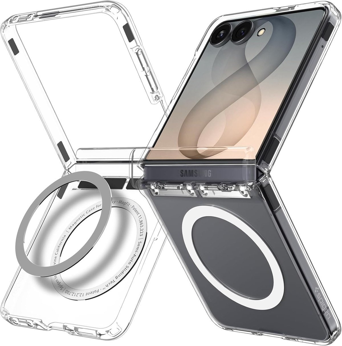 Spigen Ultra Hybrid Pro MagFit clear case for Galaxy Z Flip 8 with a magnetic ring