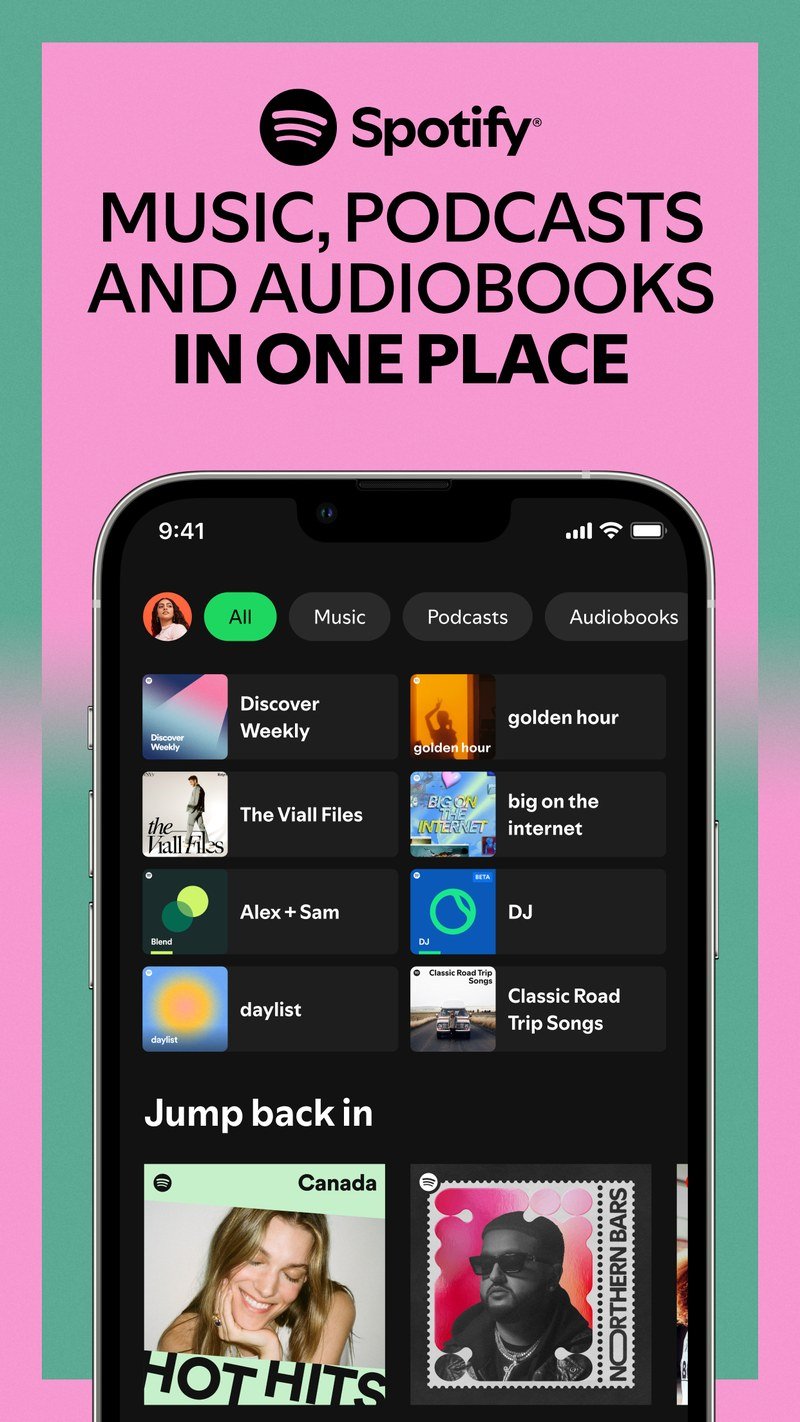 Spotify mobile app home screen showing music, podcasts and audiobooks